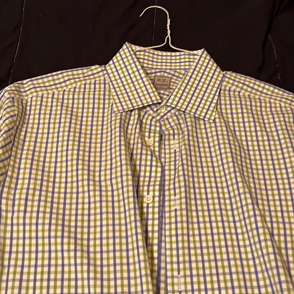 ALL . Men’s IKE BEHAR Dress Shirt. 16x34/35. Blue/Green plaid. Excellent